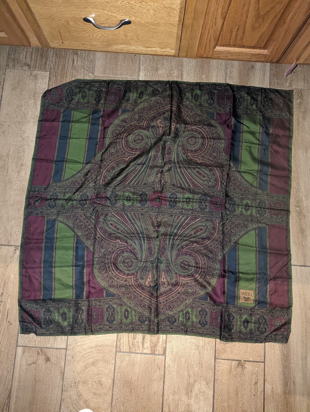 Vintage silk Weill Paris paisley olive green burgundy gold floral large scarf sh
